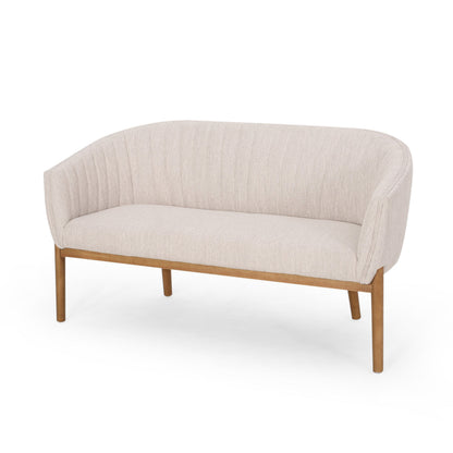 Loveseat Mid-Century Modern Channel Stitched Fabric Beige Rubberwood Legs 55 In