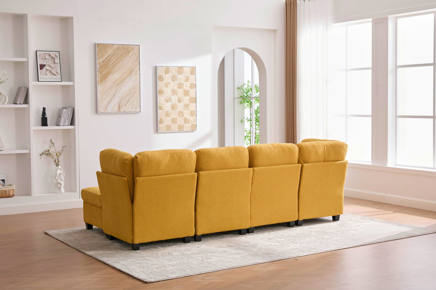 Sectional Sofa U-Shape 6 Seat Mustard Yellow Storage Ottoman