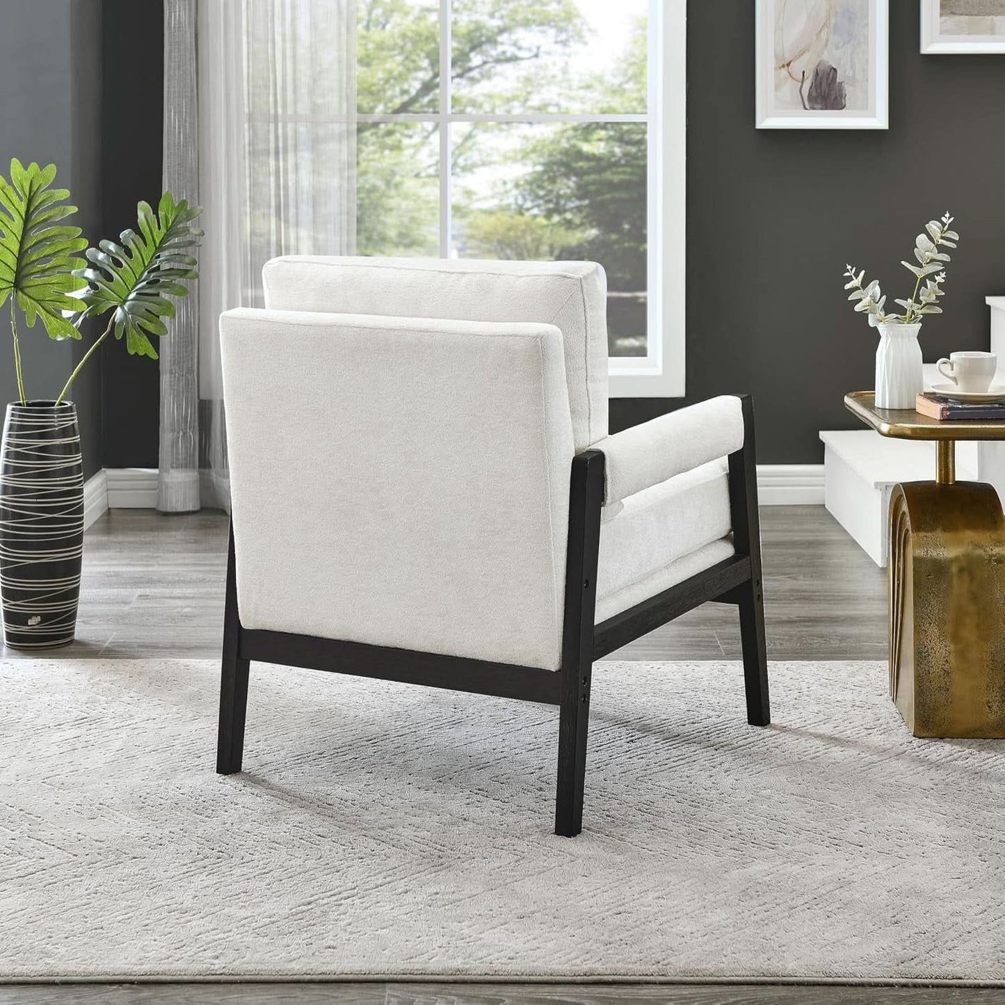White Chenille Upholstered Mid Century Accent Armchair