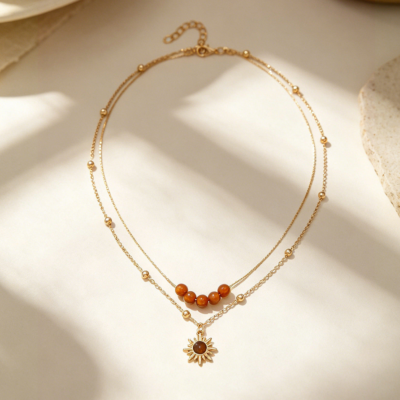 Cross-border Vintage Sunflower Tiger's Eye Necklace For Women, Niche Design Premium Texture Stackable Clavicle Chain Matching Jewelry