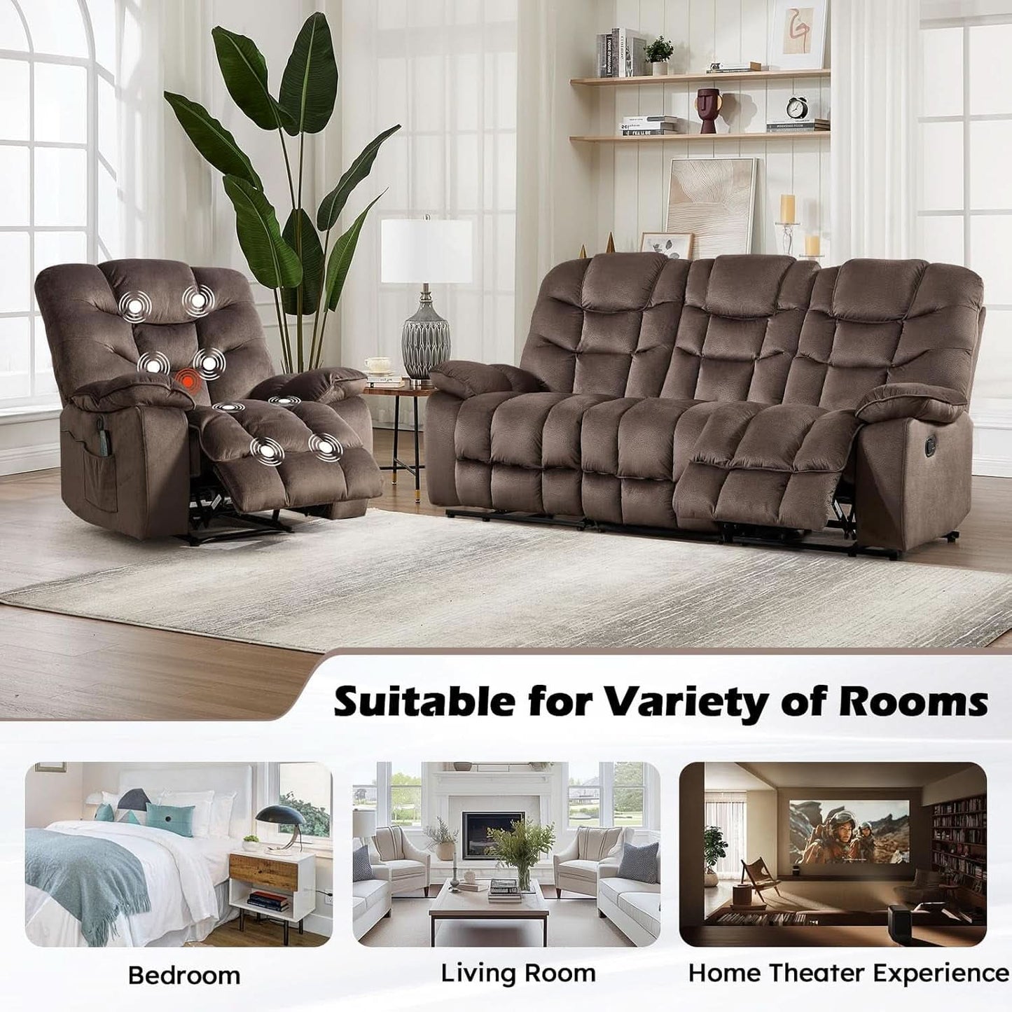 Brown 2 Piece Power Recliner Set With Massage And Heat