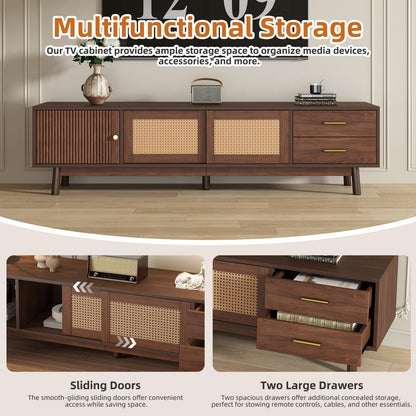 TV Stand Mid-Century Dark Brown Solid Wood Rattan Sliding Door Fits 80 In TV