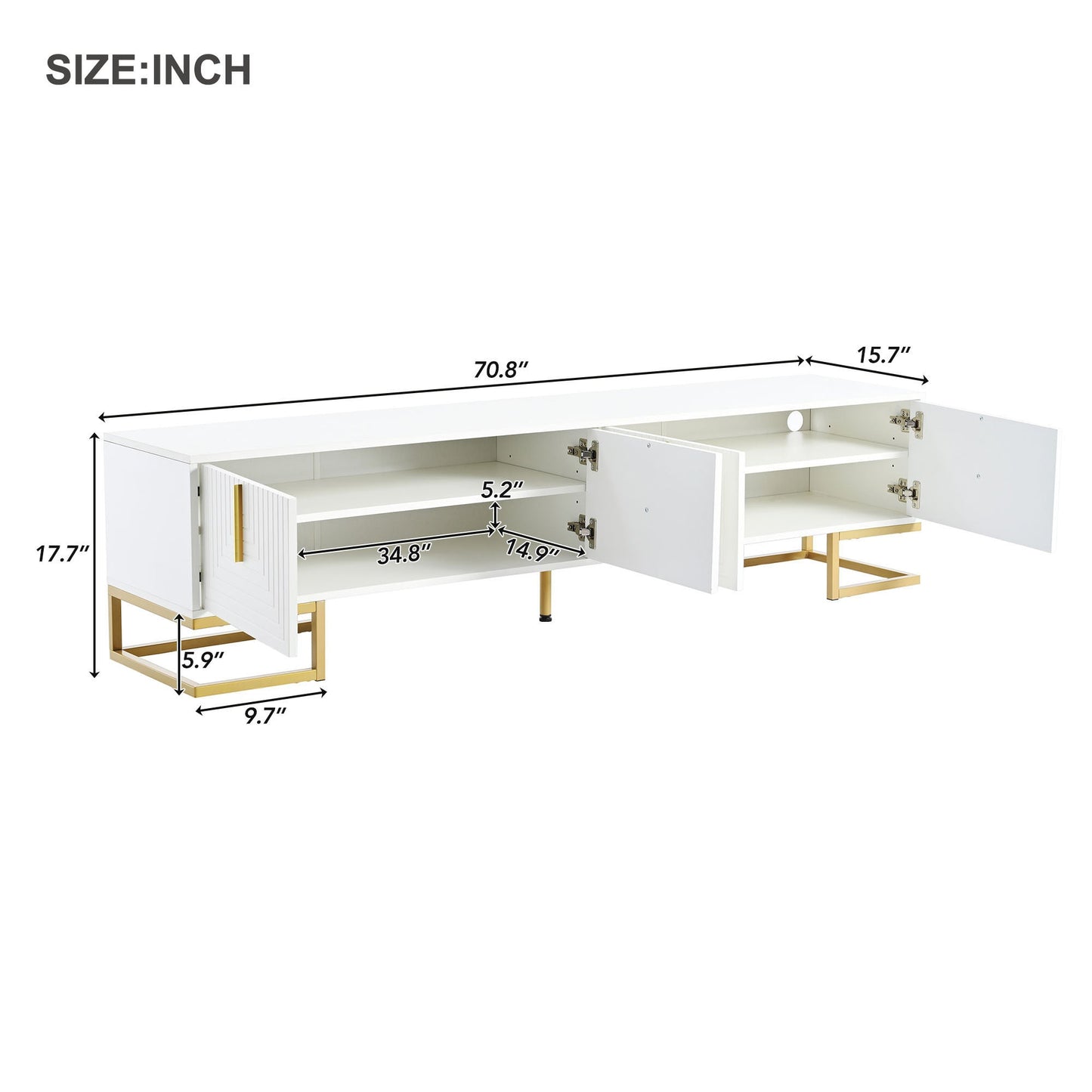 TV Stand Modern White Gold Geometric Door MDF Adjustable Shelves Fits 80 In