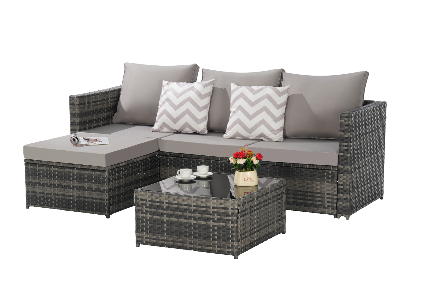Outdoor Sectional Set PE Rattan Steel Light Gray L-Shape 3 Piece Seats 4