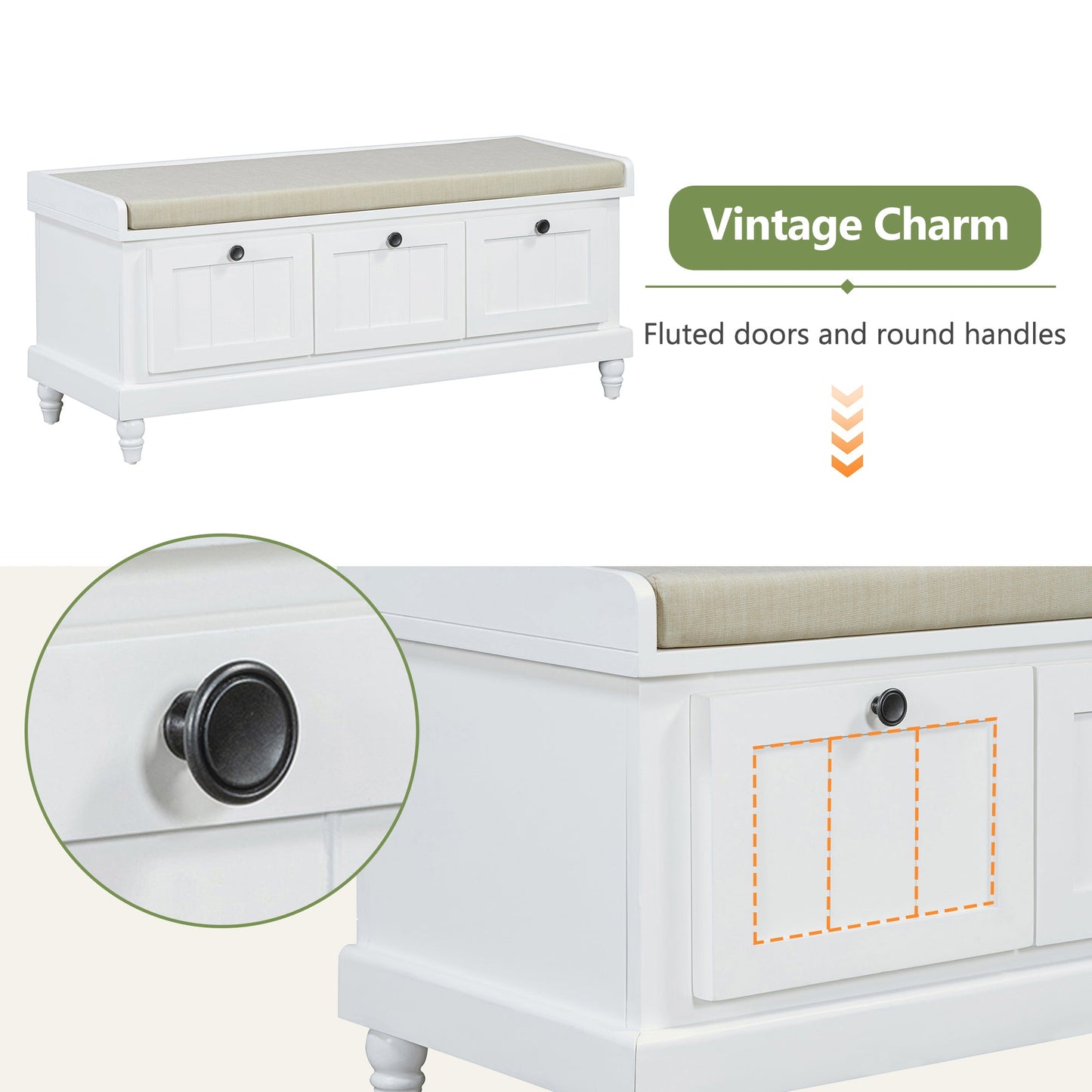 Entry Bench Fluted MDF White Cushioned Seat 3 Drawers 44x16x19