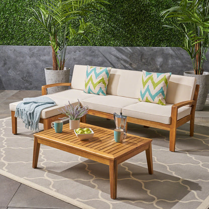 Outdoor Patio Set L-Shape Acacia Wood Teak Beige Cushions 3 Piece