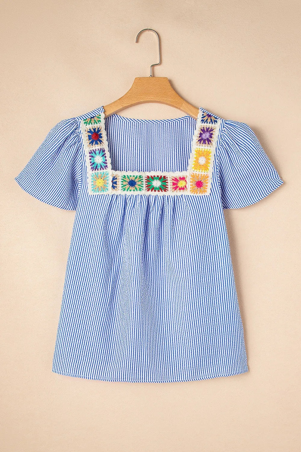 Stripe Textured Ruffle Short Sleeve Boho Detail Square Neck Blouse