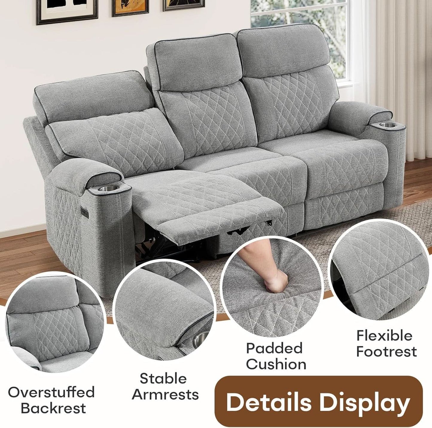 Electric Recliner Sofa USB Type C Ports Light Grey