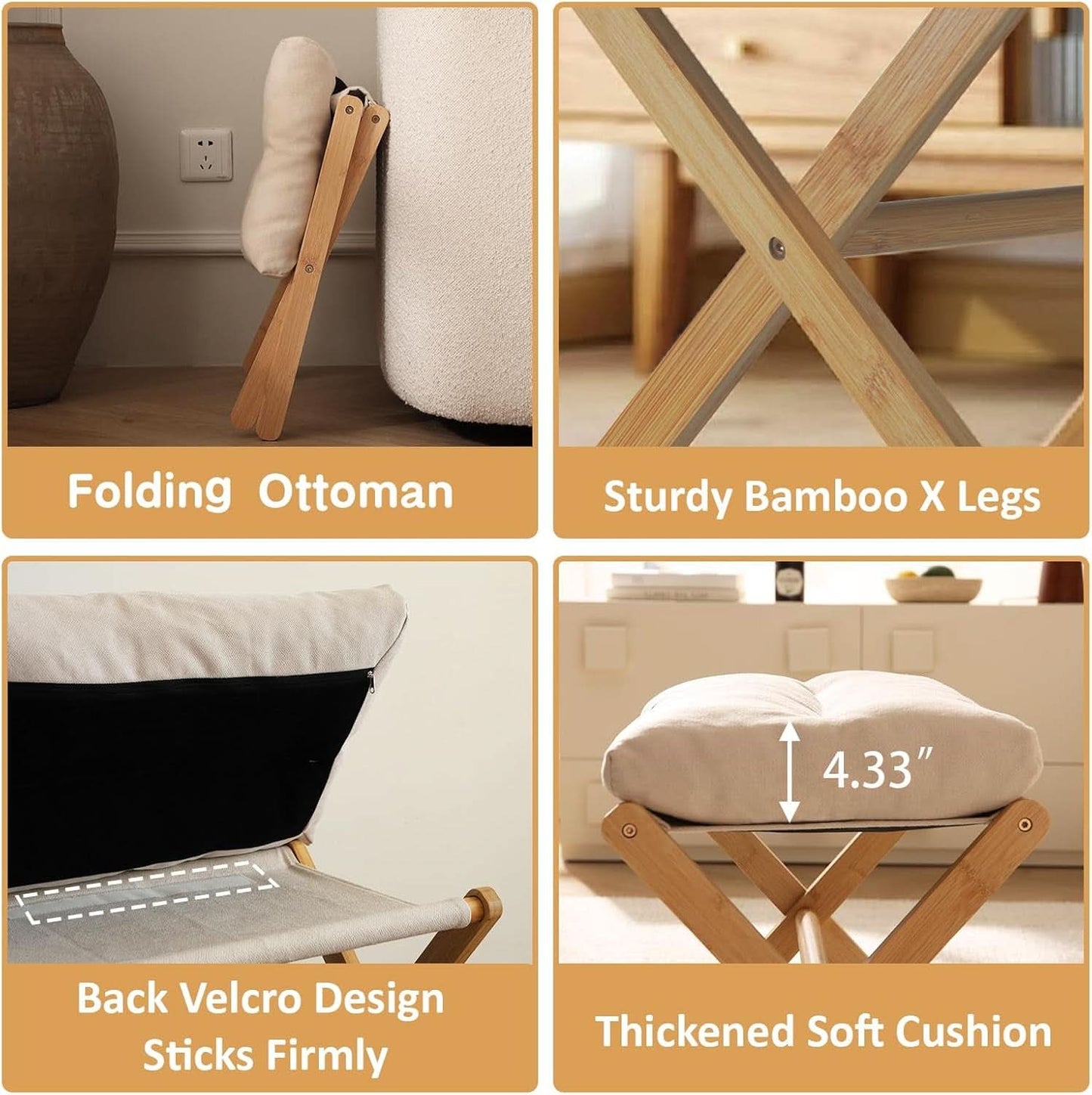 Bamboo Foldable Ottoman Foot Rest Beige Upholstered