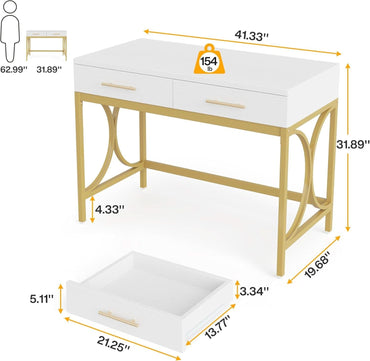 41 Inch White And Gold Computer Desk With 2 Drawers