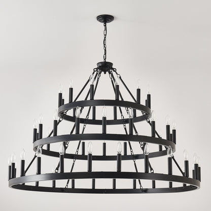 Chandelier Wagon Wheel 3-Tier 36-Light Black Metal 39.37 In Industrial