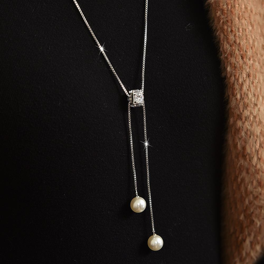 Dainty Pull Adjustable Sweater Chain For Women, Square Zircon Double Pearl Tassel Long Necklace, Elegant Minimal Autumn Winter Fashion Jewelry