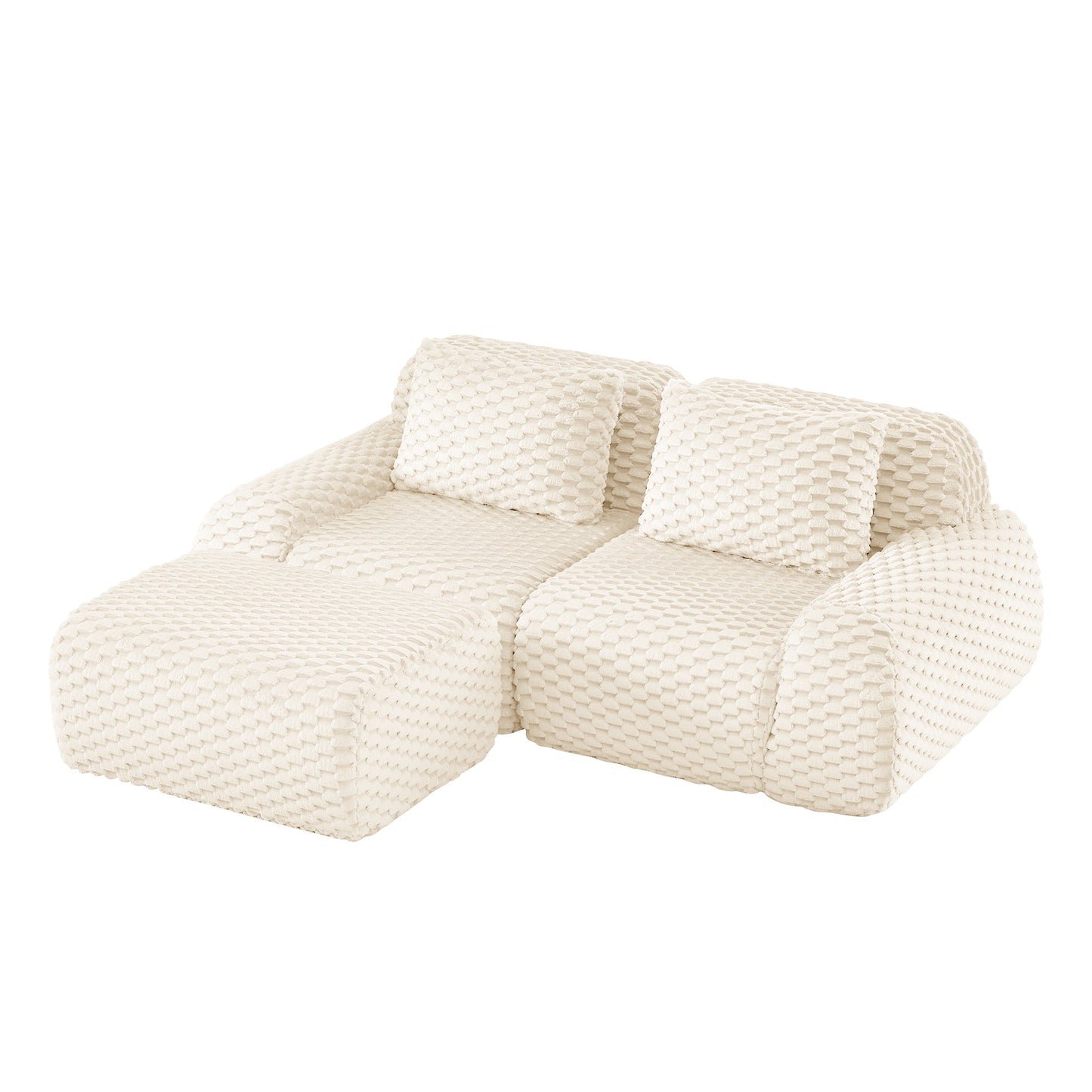 Sectional loveseat L-Shape Flannelette Cream 2 Seat with Ottoman 82 In