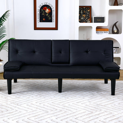 67-inch Black PVC Multi-Functional Sofa Bed with Foldable Design and Cup Holder