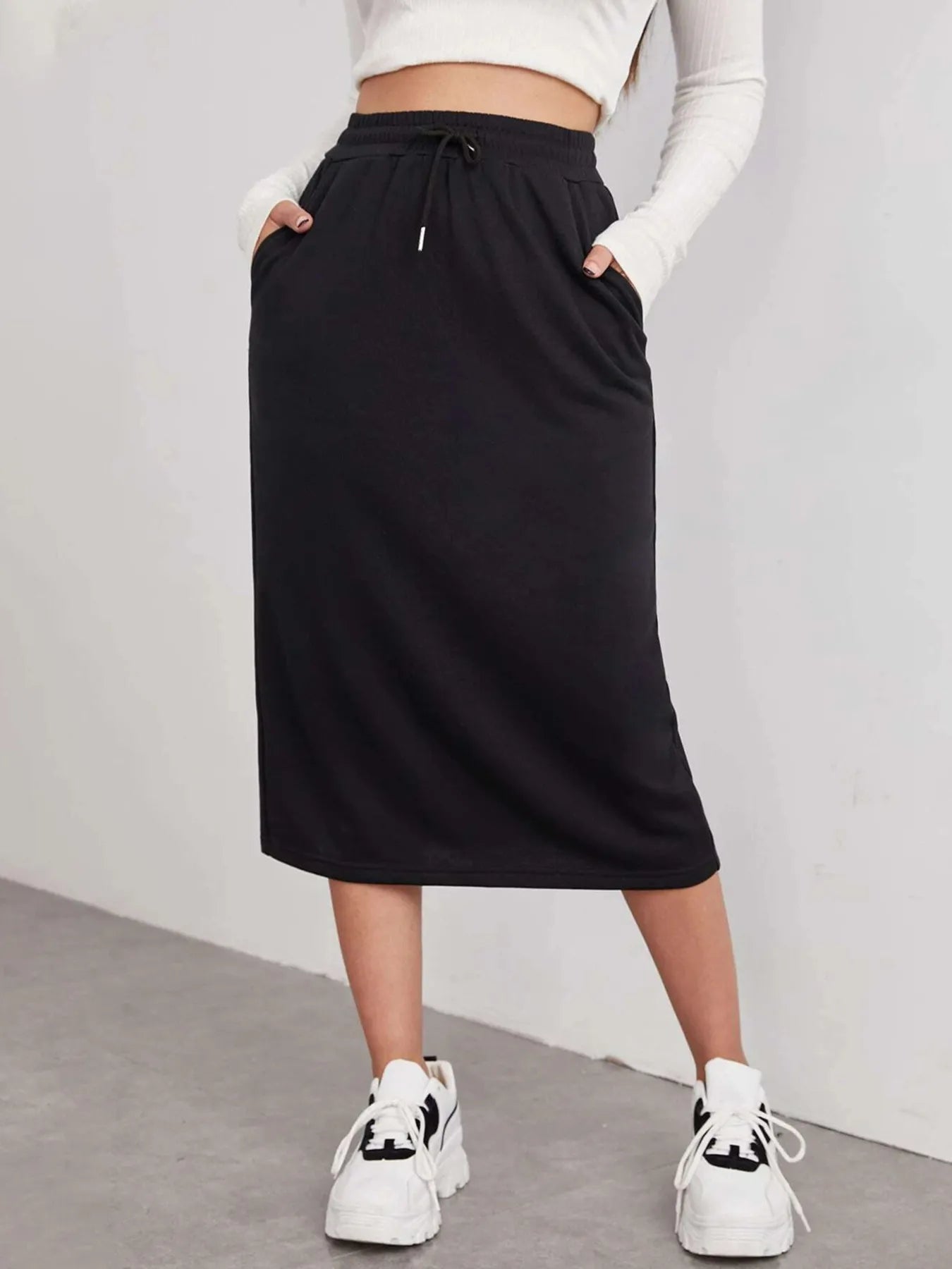 Slit Drawstring Midi Skirt