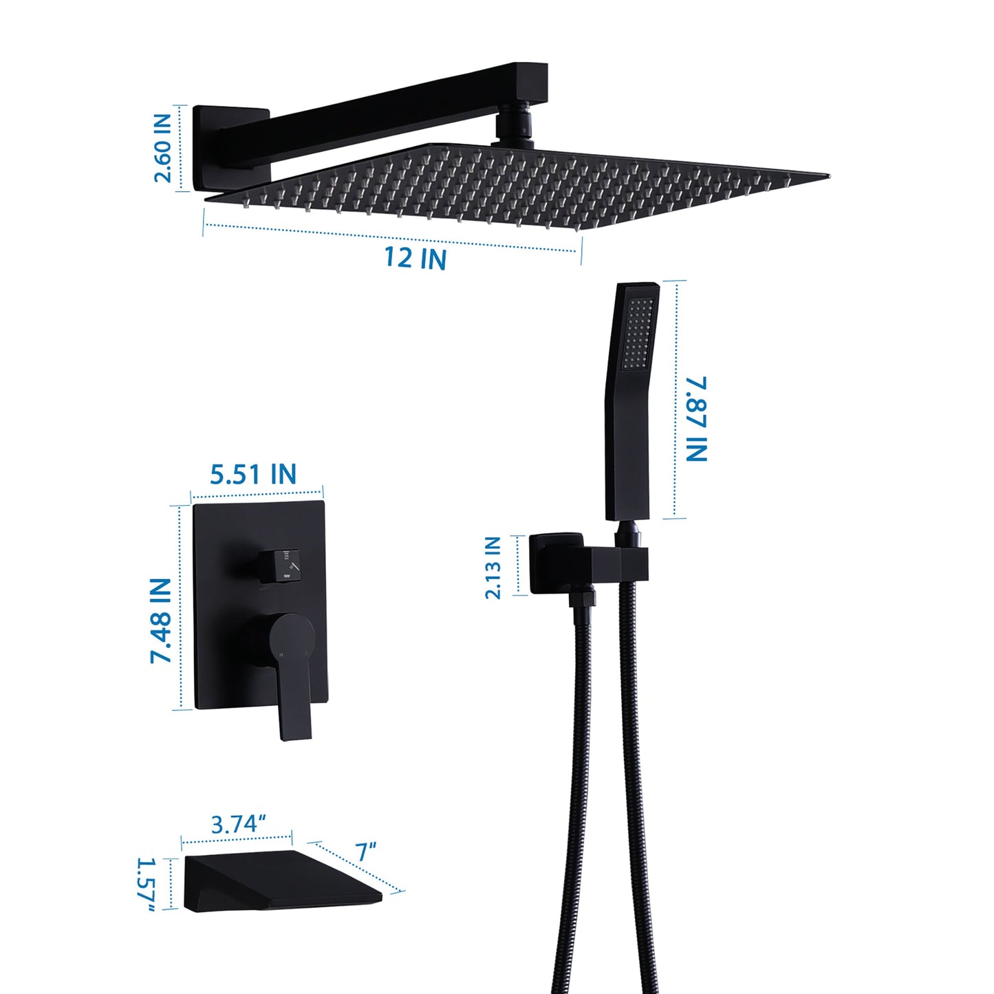 Matte Black All Metal Tub Shower Faucet Set with 12in Rain Shower Head, Wall