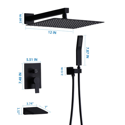 Matte Black All Metal Tub Shower Faucet Set with 12in Rain Shower Head, Wall