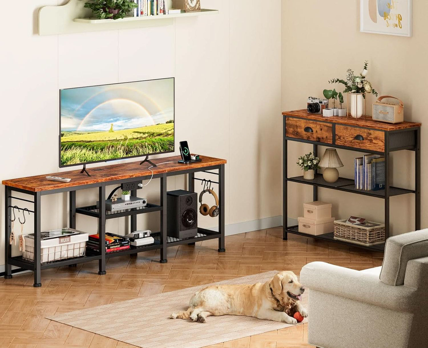 Rustic Brown TV Stand With Power Outlets For 55 Inch TVs