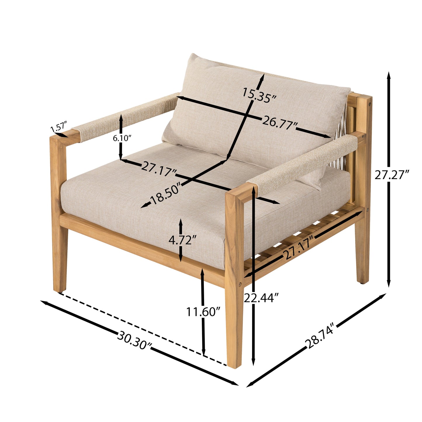 Outdoor Chair Set Acacia Wood Rope Beige Cushion Table
