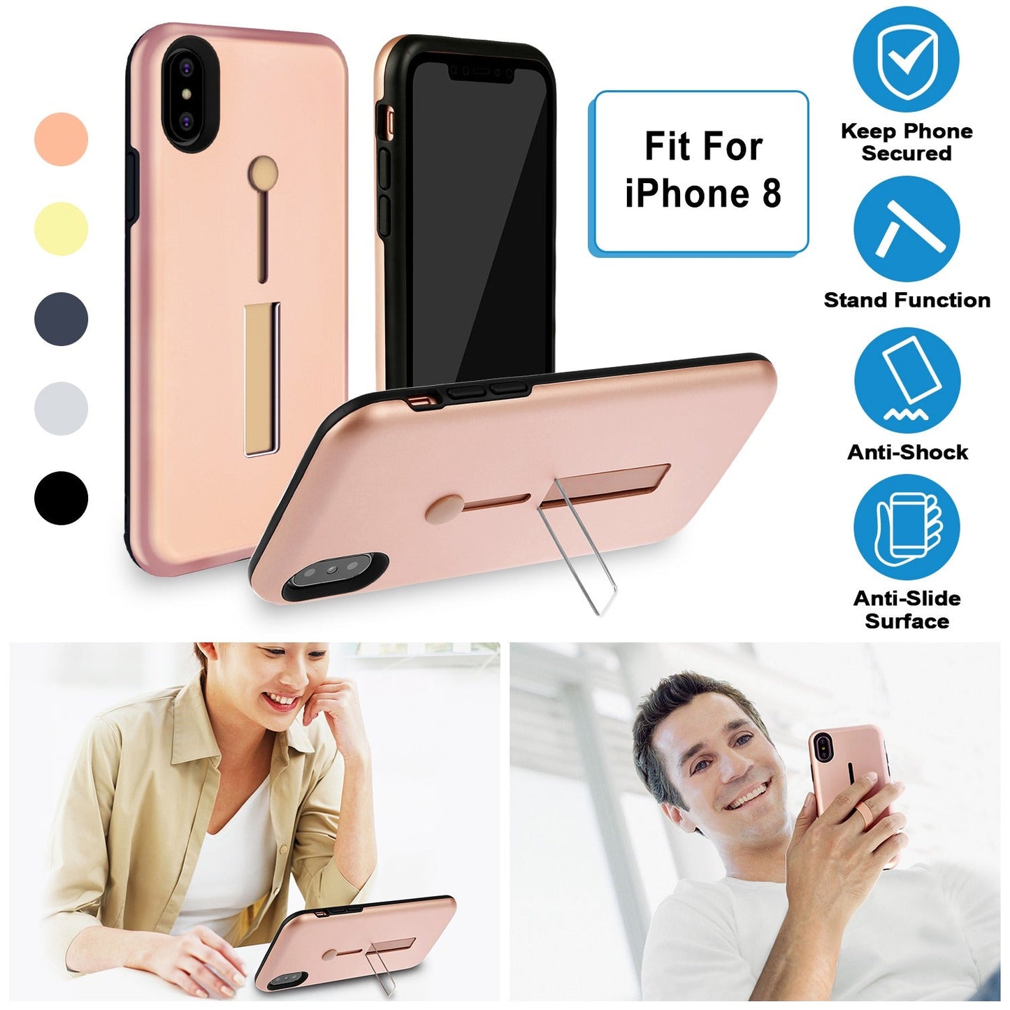 Finger Strap Phone Case for iPhone  8 Drop-prot ection Finger Ring Rugged Phone Case with Kickstand Dual Layer Case