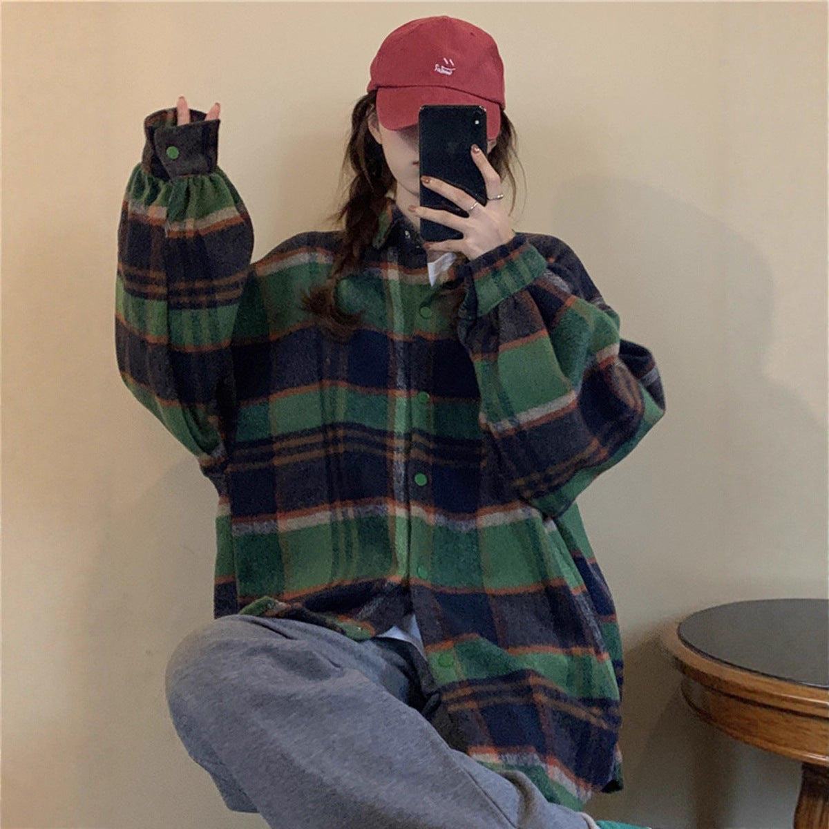 Koreanstyle SpringAutumn FleecLined Thickened Brushed Plaid Shirt For Women