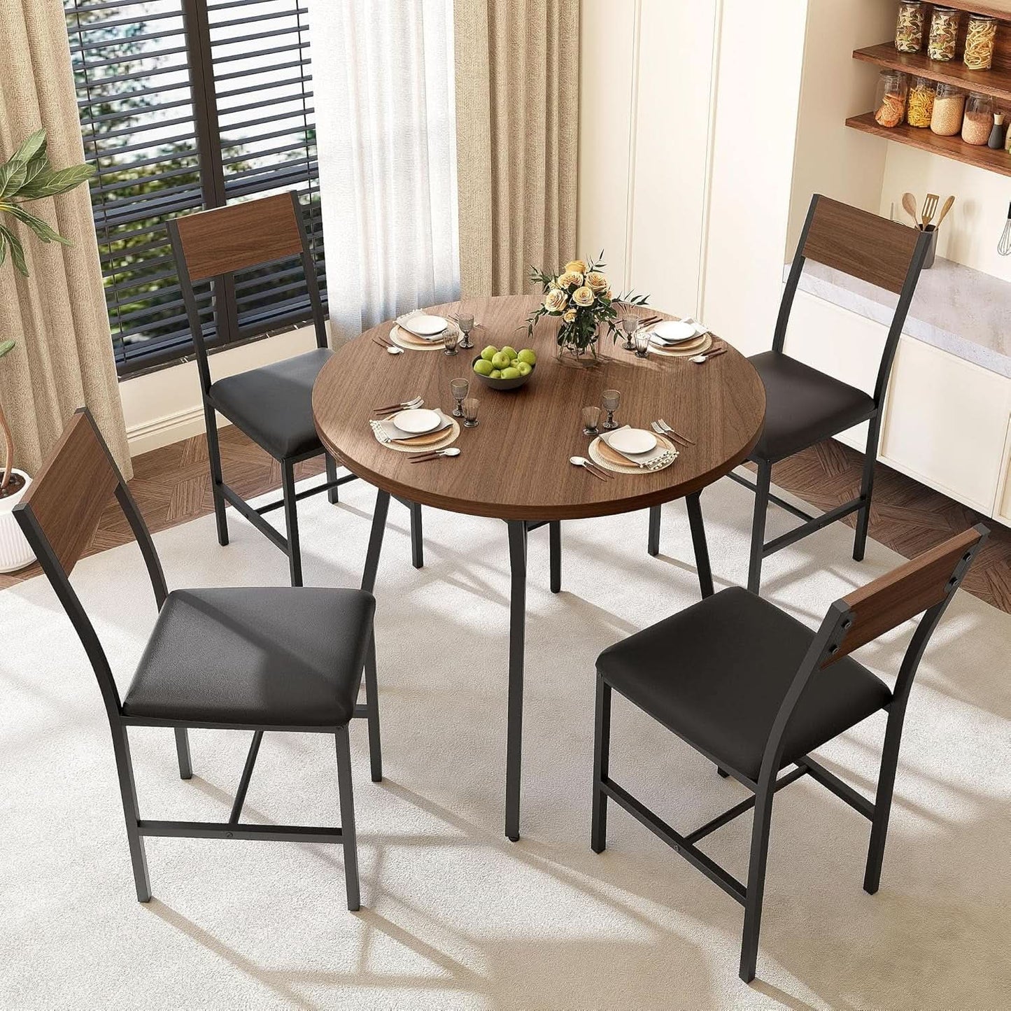 Round Dining Table Set For Four Walnut Wood Finish Metal