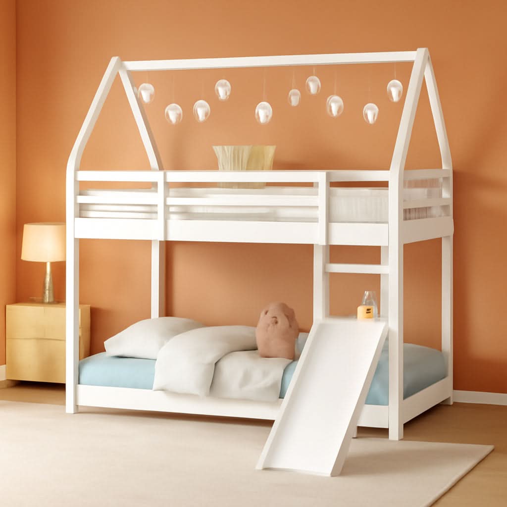 Twin Over Twin House Bunk Bed With Slide Solid Wood
