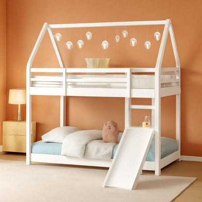 Twin Over Twin House Bunk Bed With Slide Solid Wood