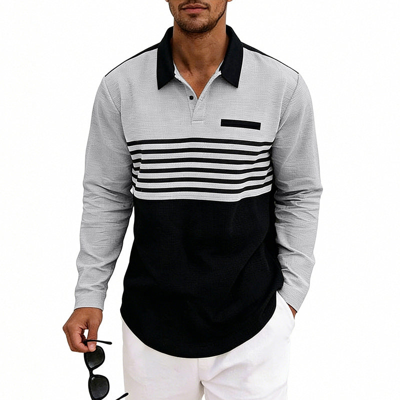 Men's Waffle-Weave Loose-Fit Casual Color-Block Striped Long-Sleeve