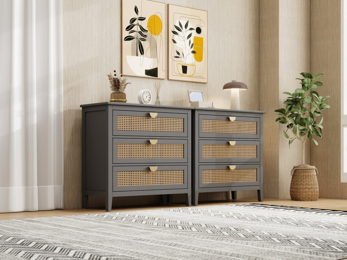 3-Drawer Cabinet - Natural Rattan - Suitable for Bedroom, Living Room, or Study