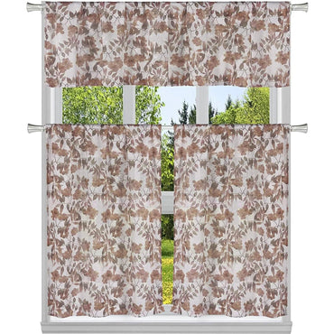 3-Piece: Chic Floral Pattern Semi-Sheer Kitchen Curtain Tier and Valance Set