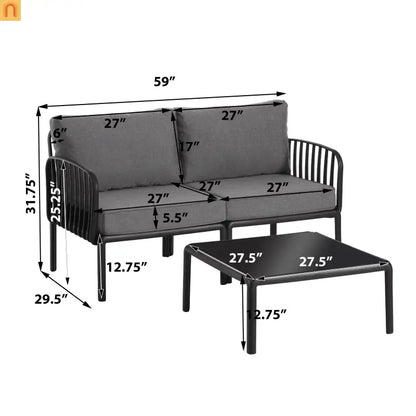 Outdoor Conversation Set Plastic Black Gray Cushion 3 Piece Seats 2