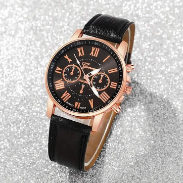 3-Pieces: Roman Quartz Women's Watches - Fashionable Round Dial with Faux Leather Strap