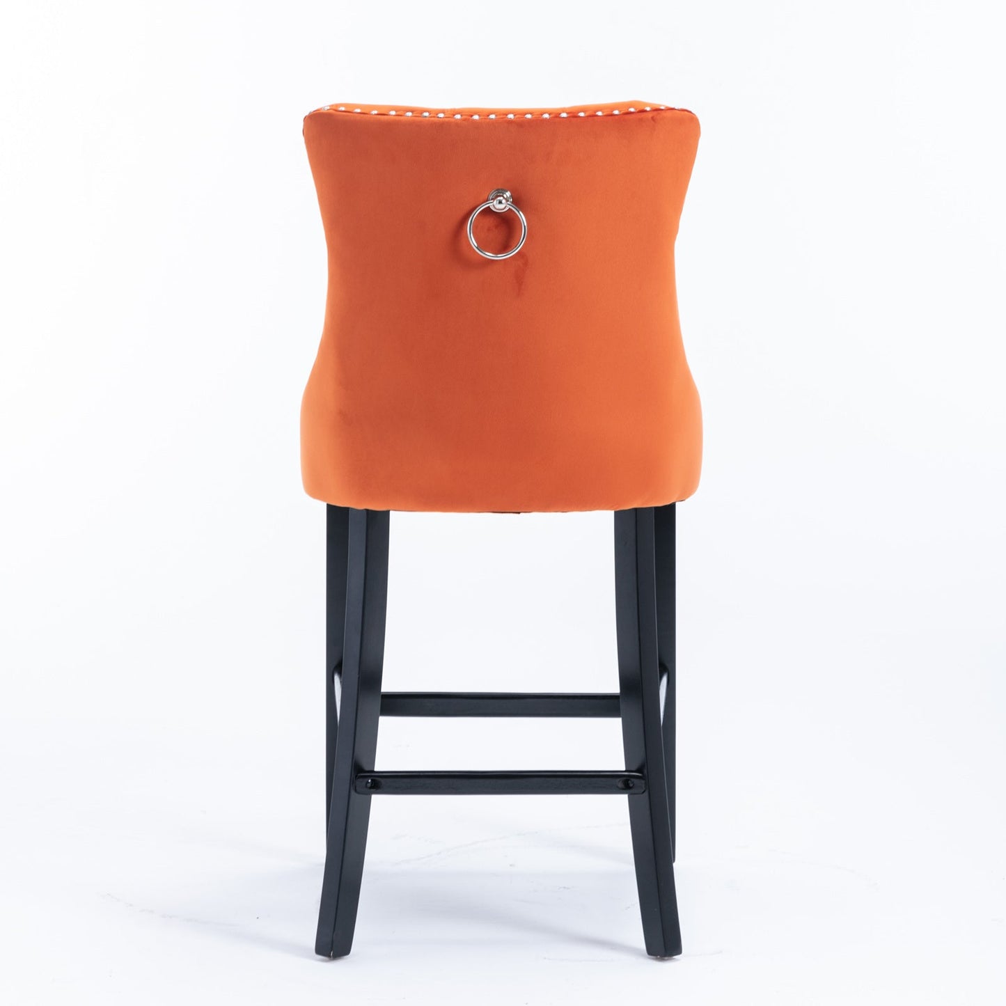 Velvet Upholstered Barstool Set of 2, Button Tufted, Chrome Nailhead, Orange