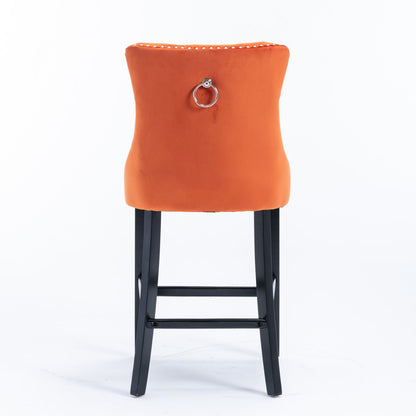 Velvet Upholstered Barstool Set of 2, Button Tufted, Chrome Nailhead, Orange