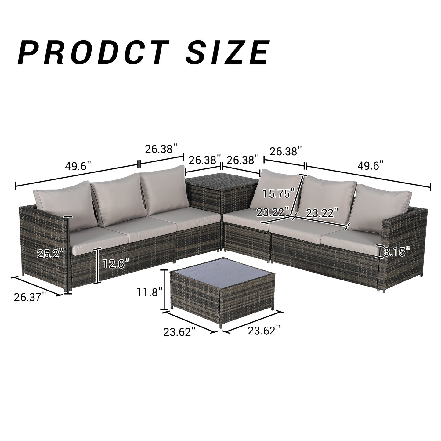 Outdoor Sectional Set PE Rattan 6 Piece L-Shape Gray