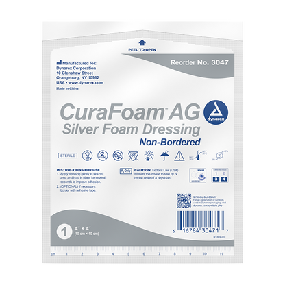 Dynarex CuraFoam AG - Silver Foam Dressing, 4" x 4" 10ea/bx, 10bxs/cs (100 Count)