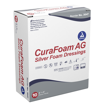Dynarex CuraFoam AG - Silver Foam Dressing, 4" x 4" 10ea/bx, 10bxs/cs (100 Count)