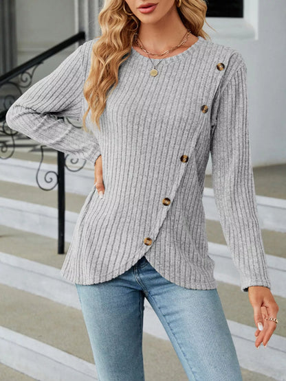 Ribbed Knit Decor Button T-Shirt