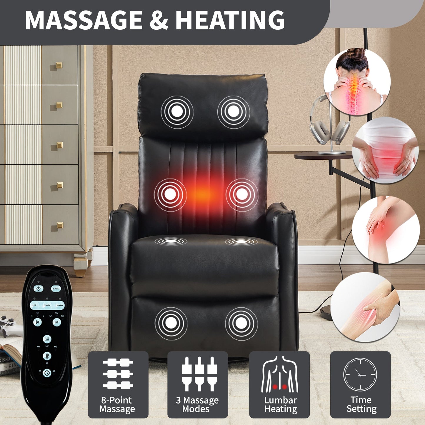 Recliner Chair Swivel Rocker Faux Leather Black Heat Massage