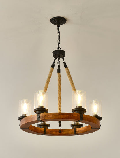 Chandelier Wood Round 6-Light Wagon Wheel Farmhouse Seeded Glass 23.62 In
