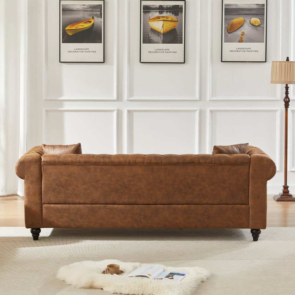85.5" Chesterfield Sofa 3-Seater | Tech Fabric with Button Tufting, Rolled Arms & Wood Legs — Brown / Black