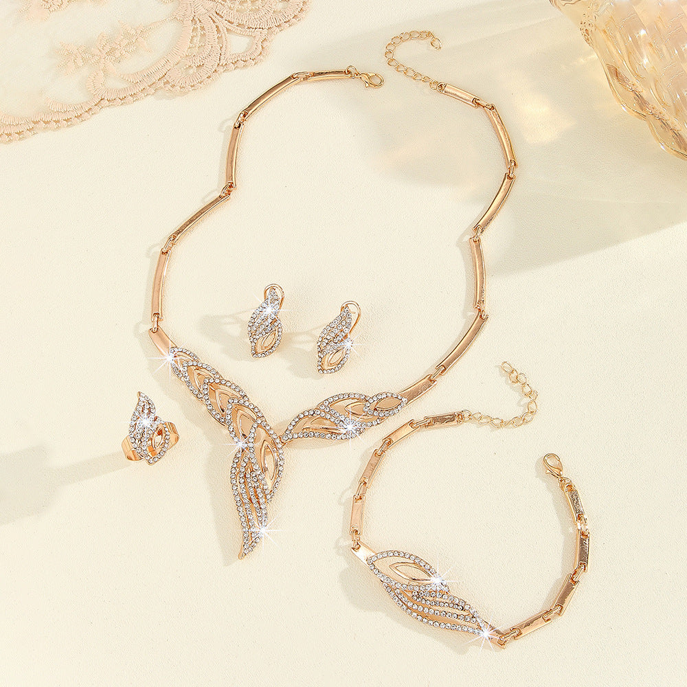 Gold Leaf Diamond-Encrusted Necklace Earrings Ring Bracelet Set