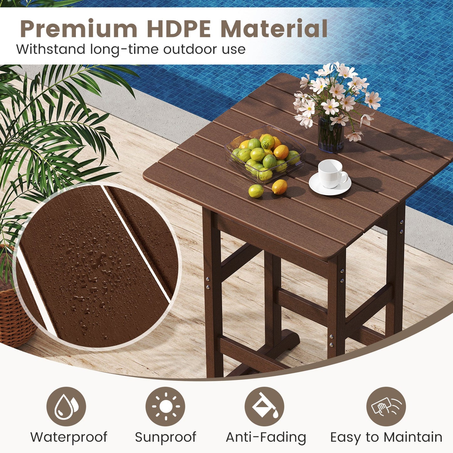 30 Inch Square Bar Table Dining Table with Slatted Tabletop for Poolside