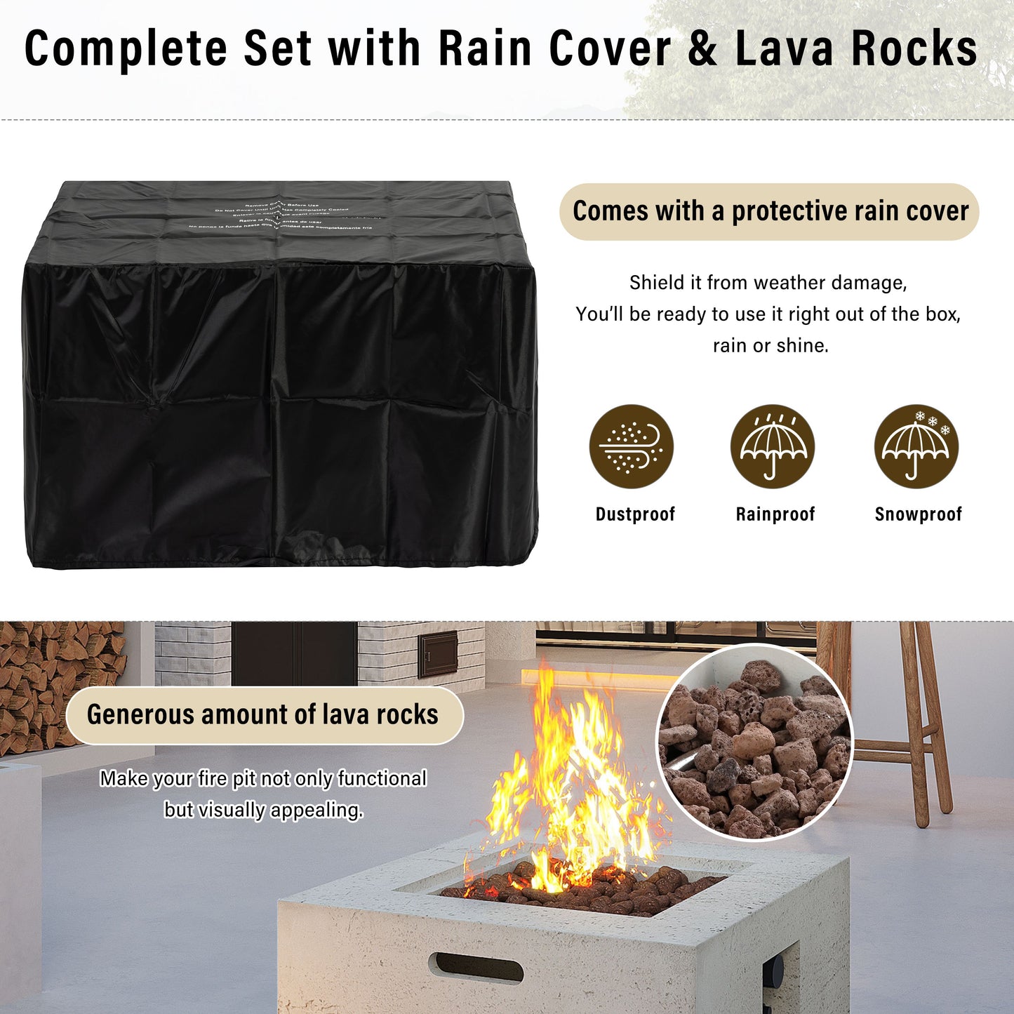 Propane Fire Pit Square MGO 40000 BTU 24" with Side Table Cover
