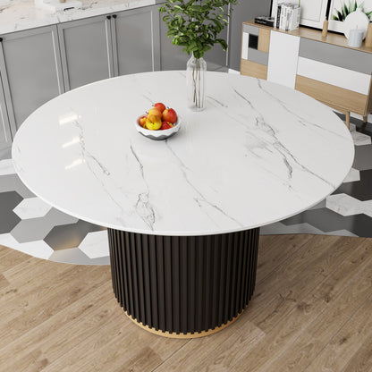Modern 46' Round Dining Table Set for 4, Faux Marble Top with Black Wave Metal