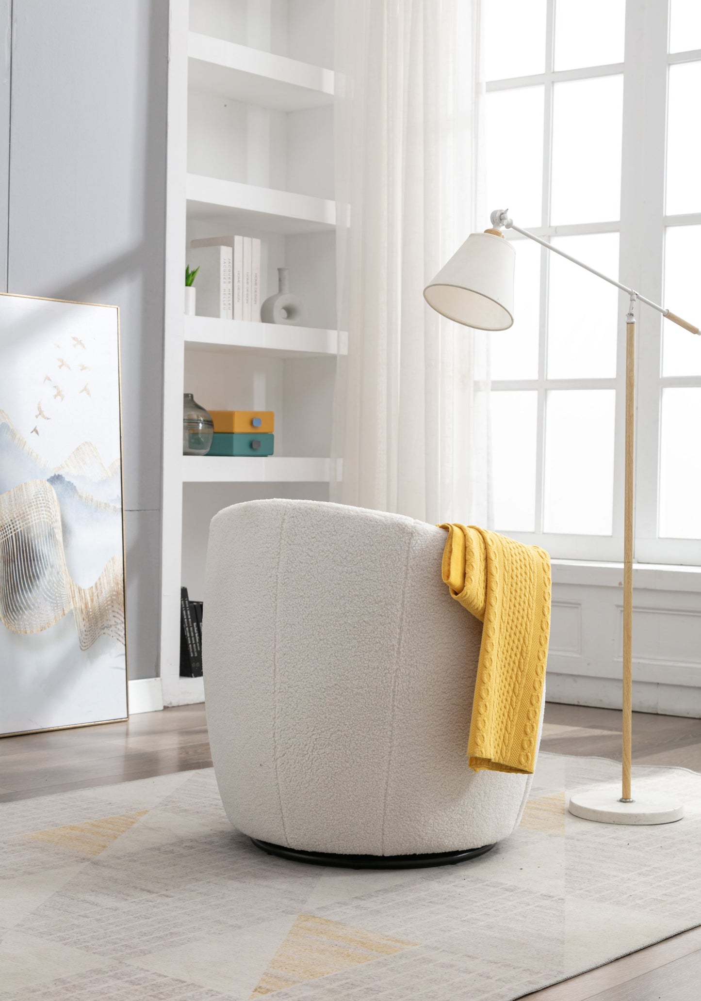Accent Chair Swivel Barrel Teddy Fabric Ivory Black Ring Base 360 Degree 250 LB