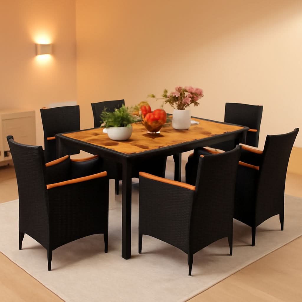 7 Piece Patio Dining Set Acacia Wood Table Wicker Chairs