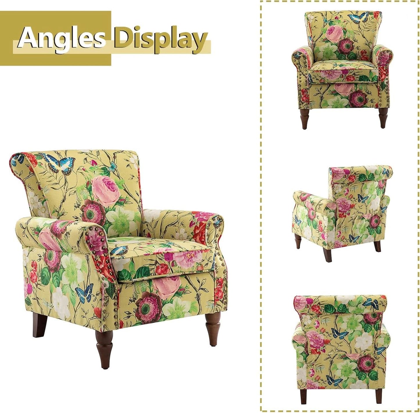 Mustard Floral Wingback Accent Chair With Solid Wood Legs