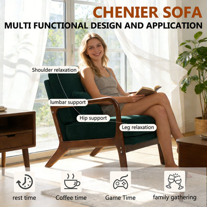 Accent Chair Mid-Century Lounge Dark Green Lumbar Cushion Wood Arms 26x29x30 In
